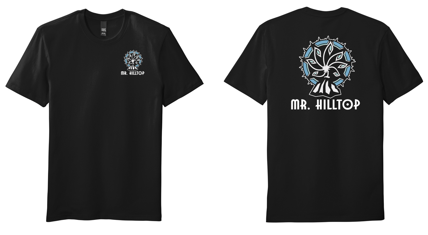 Black t-shirt with 'MR. HILLTOP' logo on front and back