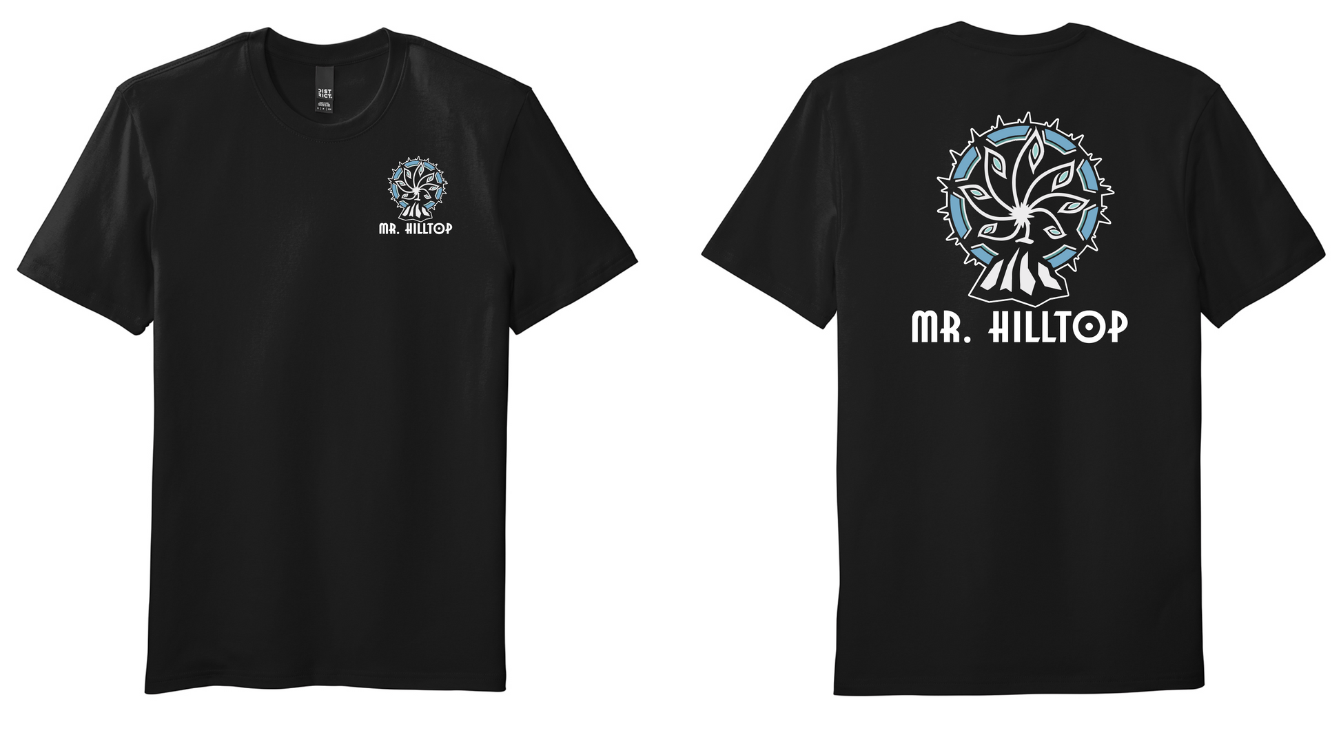 Black t-shirt with 'MR. HILLTOP' logo on front and back
